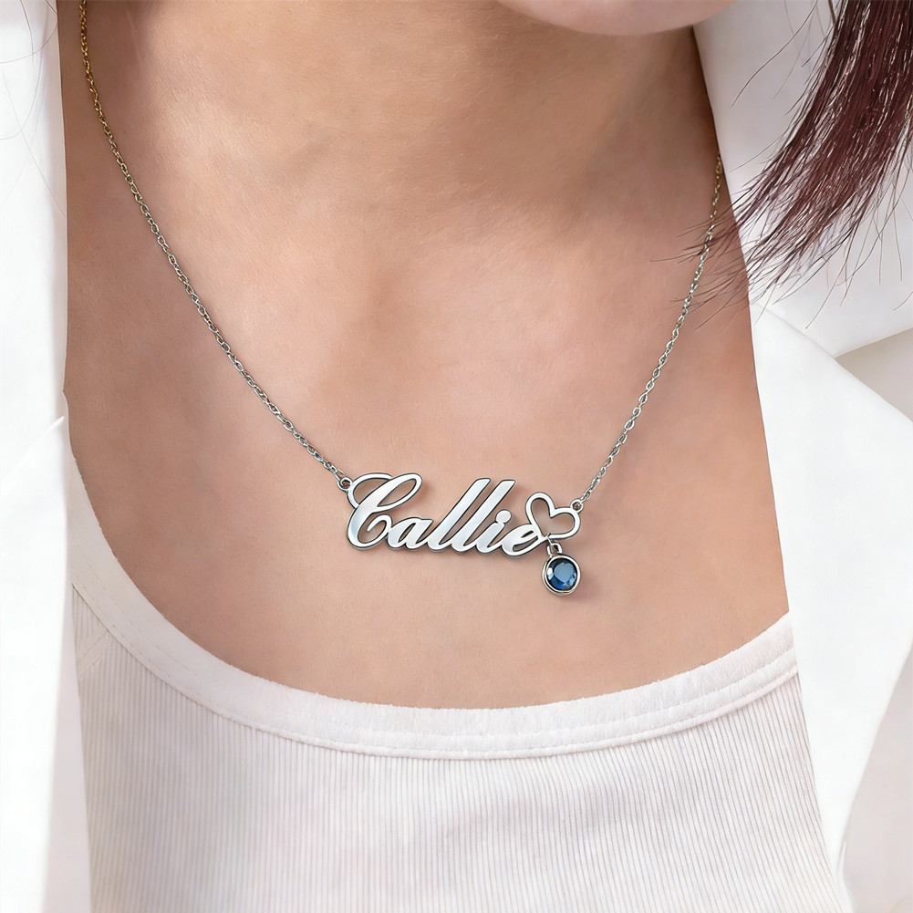 Custom Name Plate Necklace Personalized Birthstone Pendant Stainless Steel Chain