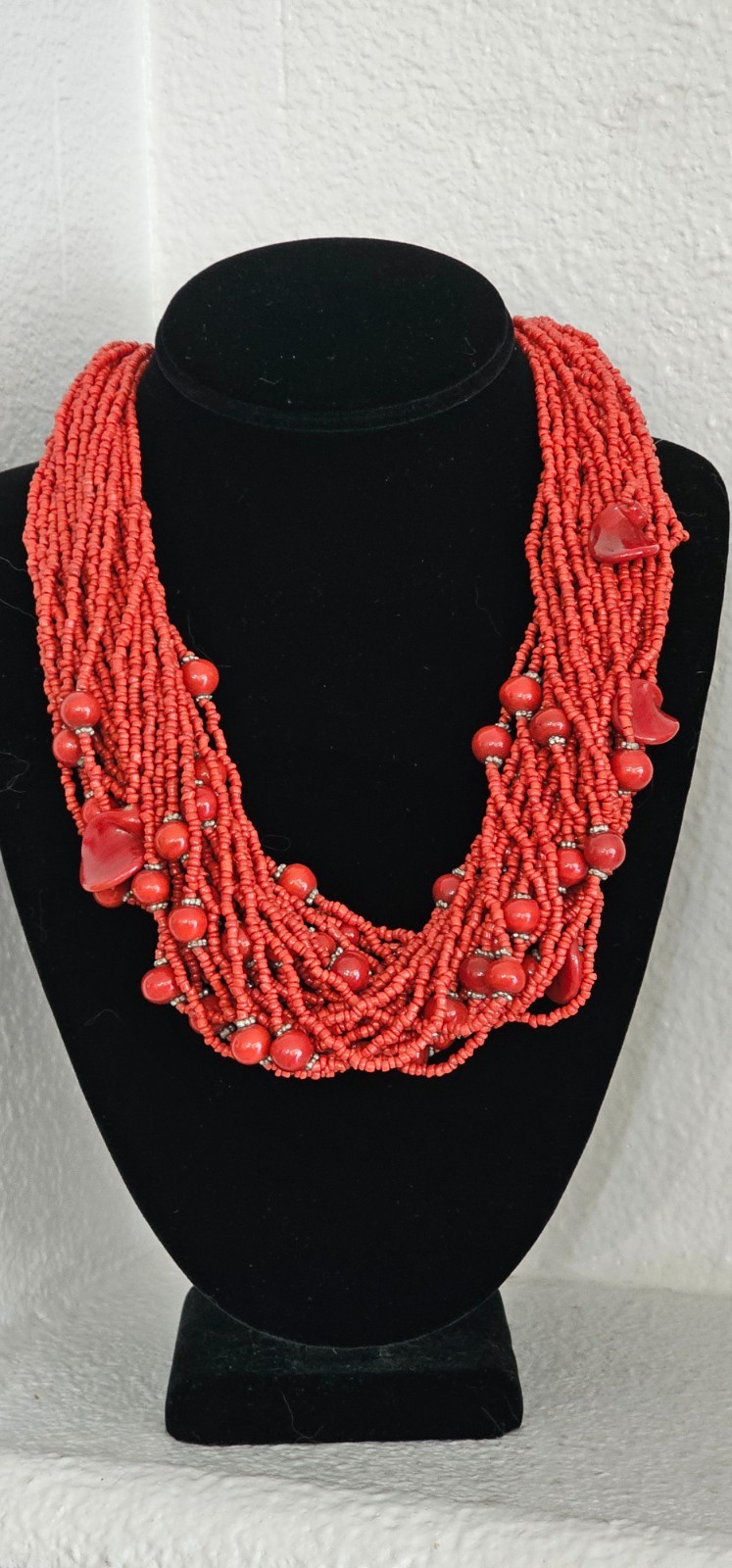 Hand made 30 strand tiny red coral bead fashion necklace great statement pc 21”