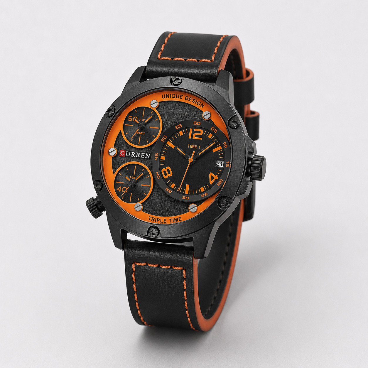 CURREN Mens Triple Time Zone Watch Black Orange Leather Strap Date Quartz