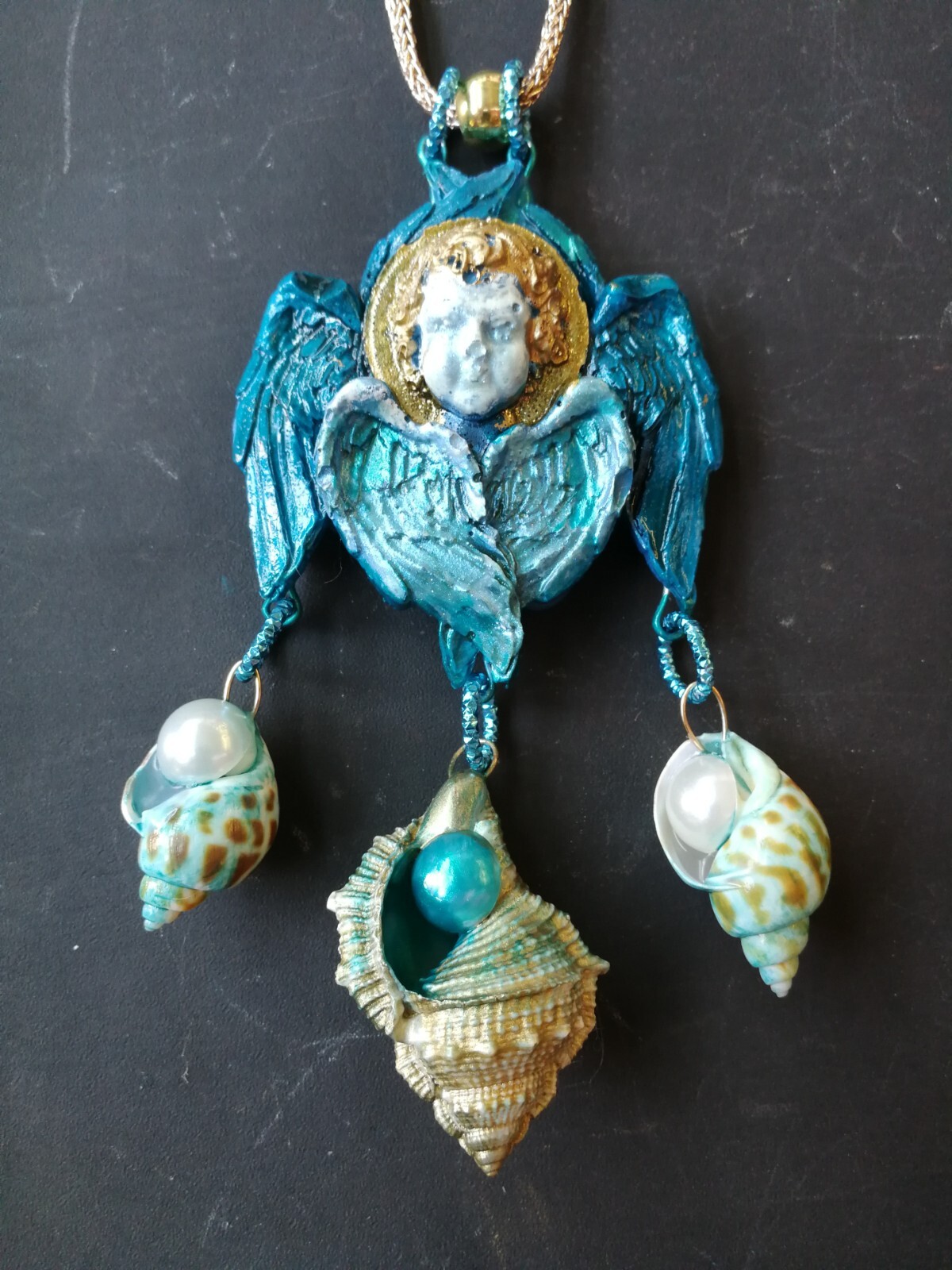 Talisman Amulet Blue Angel Rhinestone Necklace Pendant Wings Pearl Shell Jewelry