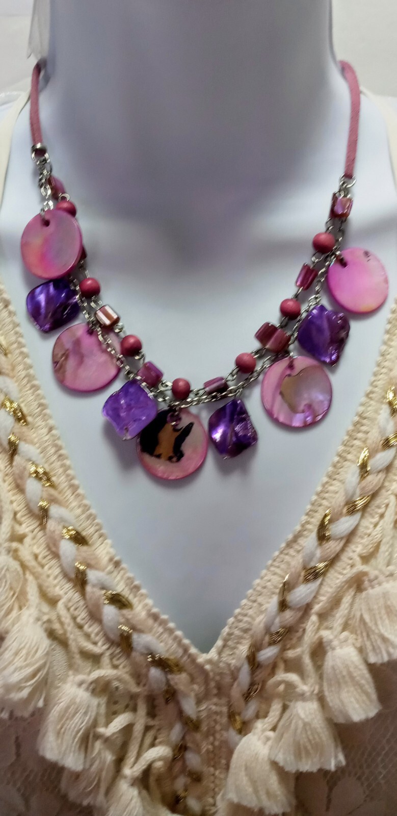 NOS Assorted 2 Strands Purple/Pink Mixed Shell Wood Beads Leather Boho Necklace