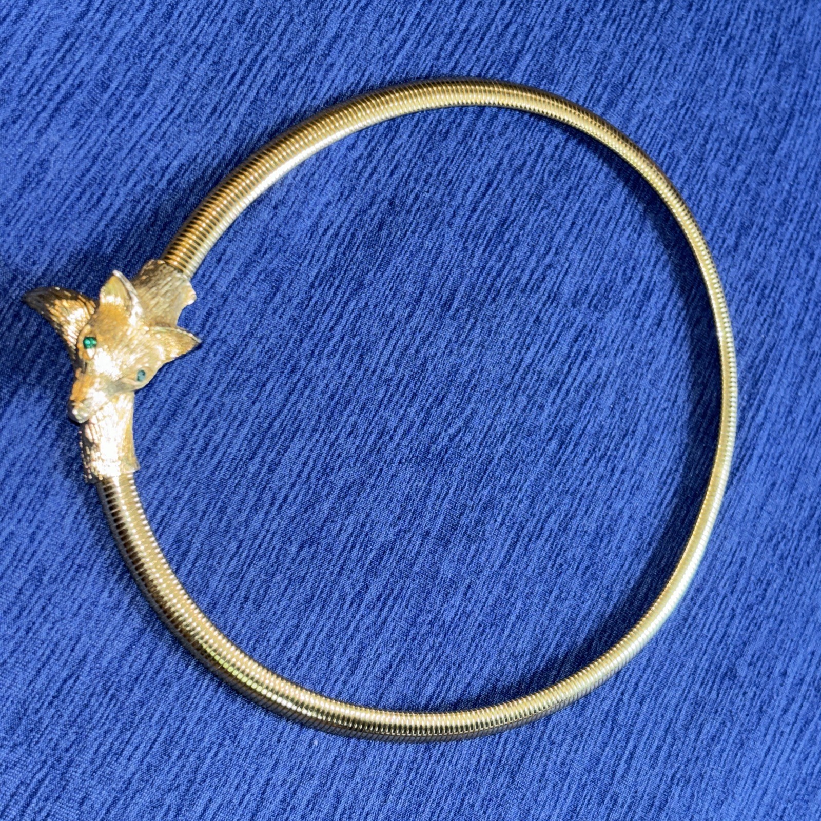 Vintage Gold Tone Rinestone Eye Fox Choker (Exc Cond) Green Eyes