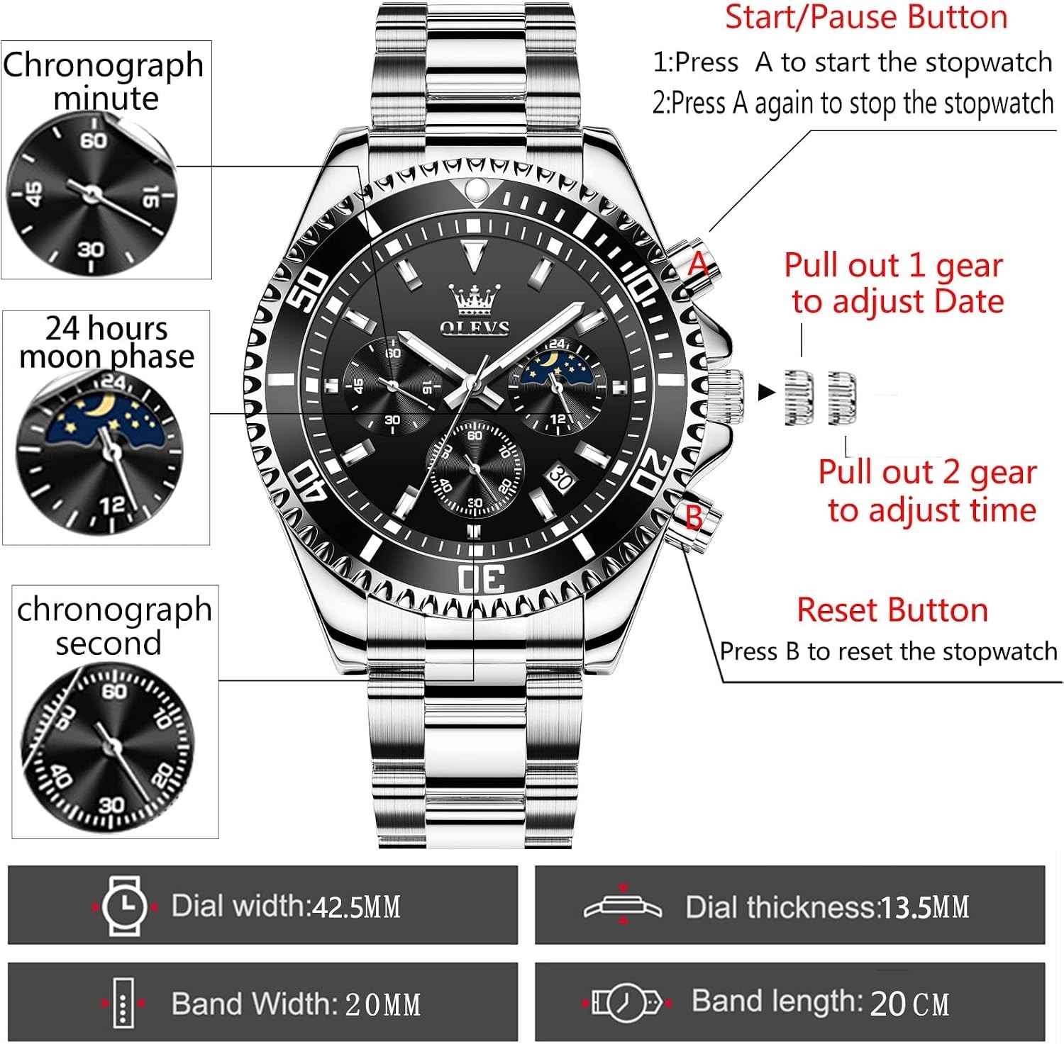 Moon Phase Men’s Watch – Luxury Waterproof Chronograph with Crystal Dial