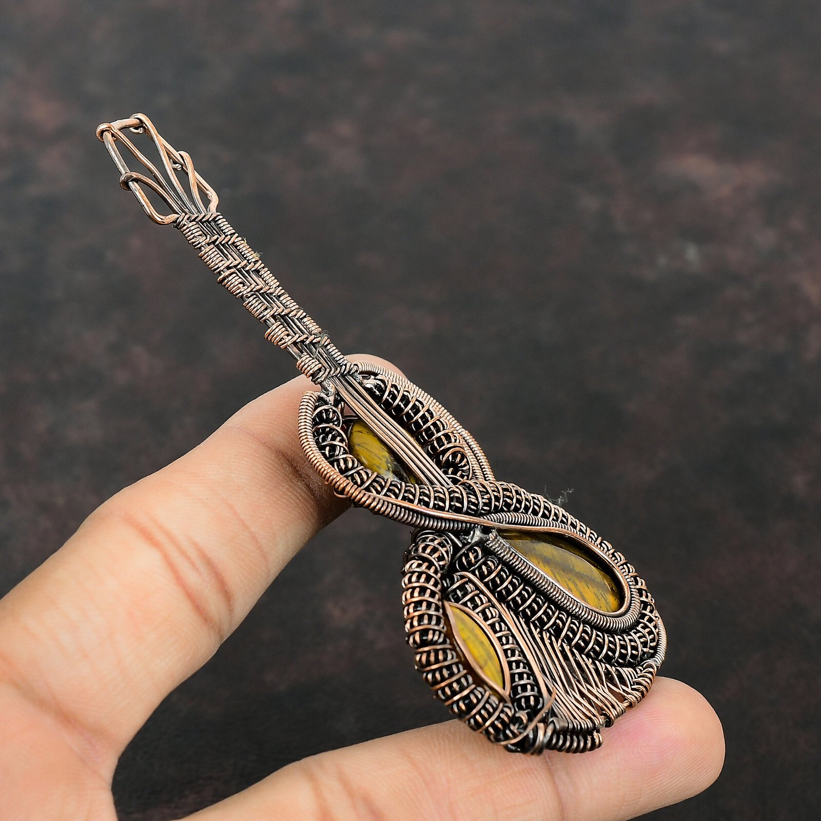 Tiger’S Eye Copper Gift For Friend Wire Wrapped Guitar Pendant 4.06″