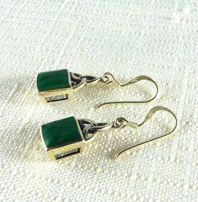 Lab-Created Malachite Sterling Silver Triquetra Celtic Knot Dangle Earrings