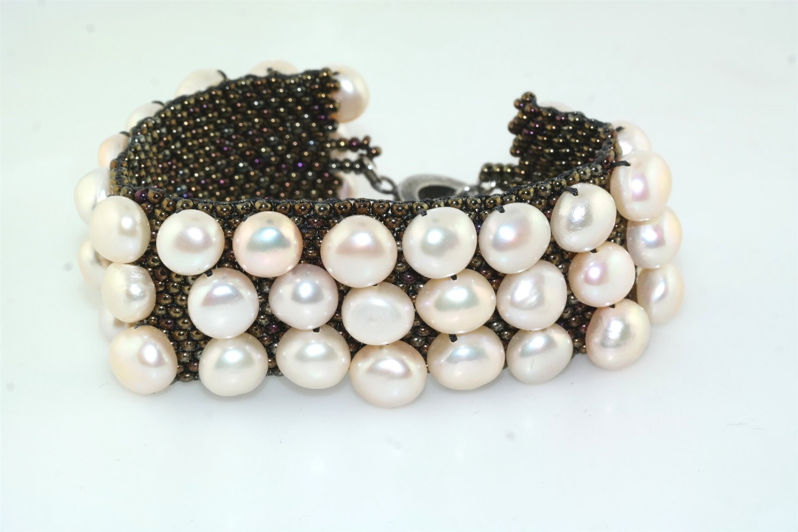 Woven Mesh Micro Bead Cultured Pearl Bracelet Toggle Clasp