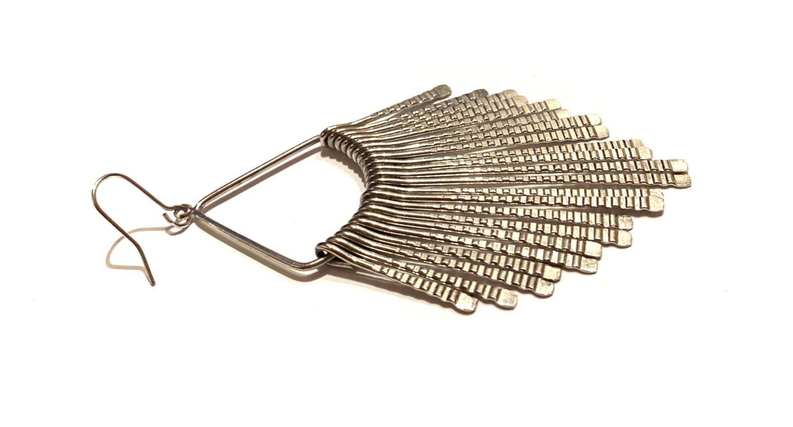 Vintage Silver Triangle Dangle Fringe 3.5” Long Articulated Earrings Retro Boho