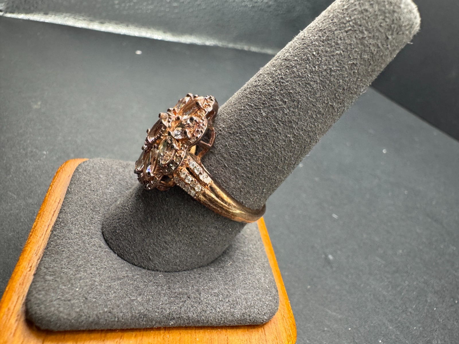 Vtg CN 925 Sterling Silver Rose Gold Morganite CZ Flower Cocktail Ring Sz 10.25