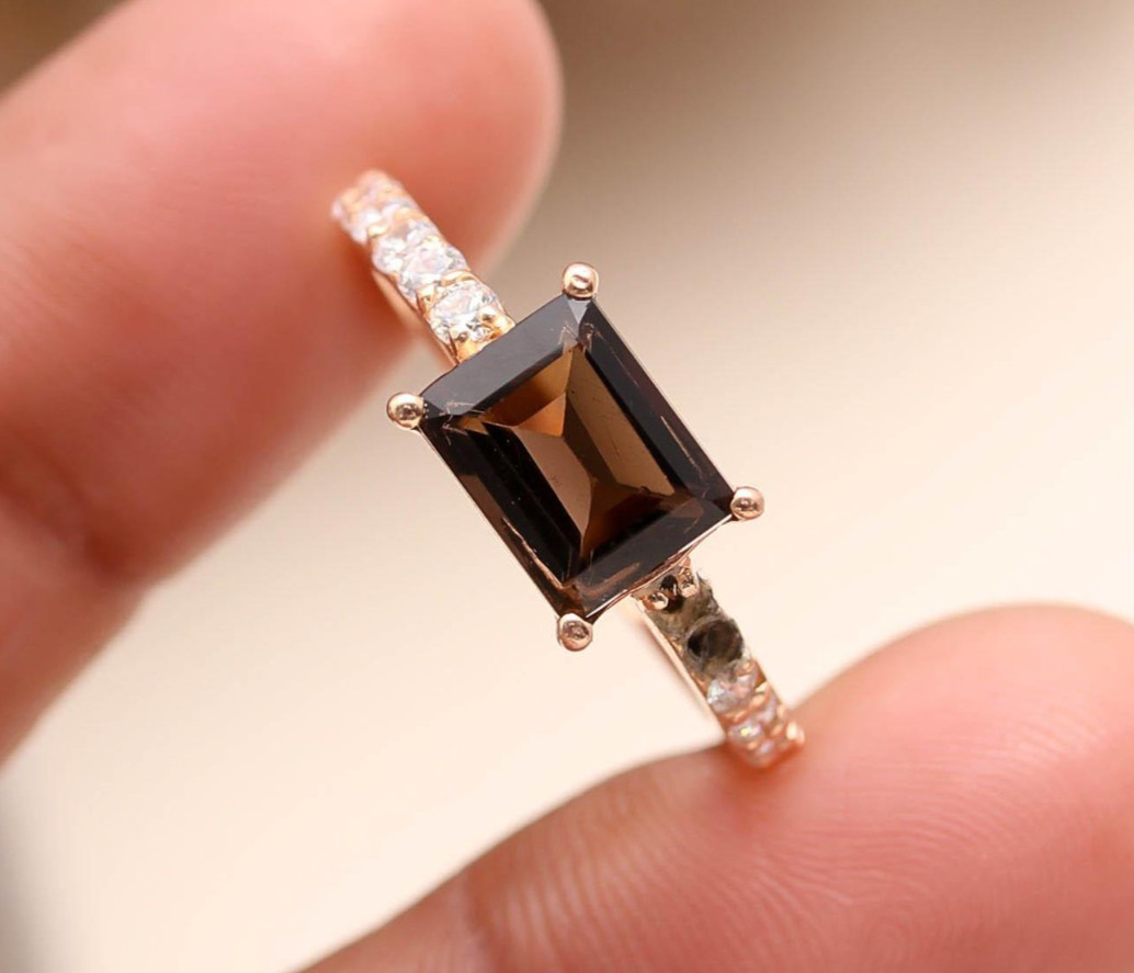 Natural Smoky Quartz Octagon Ring Rose Gold Fill Solid Silver Minimalist Jewelry