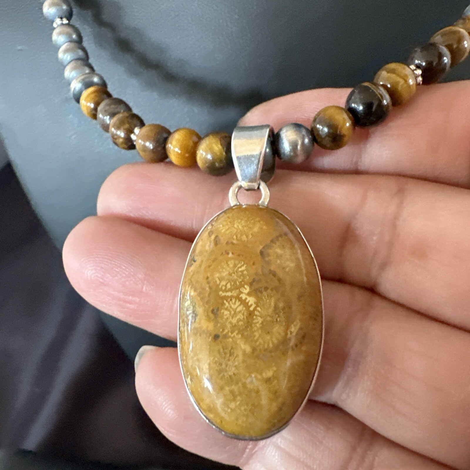 Coffee Brown Tigers Eye Sterling Silver Pendant Necklace Southwestern 18281
