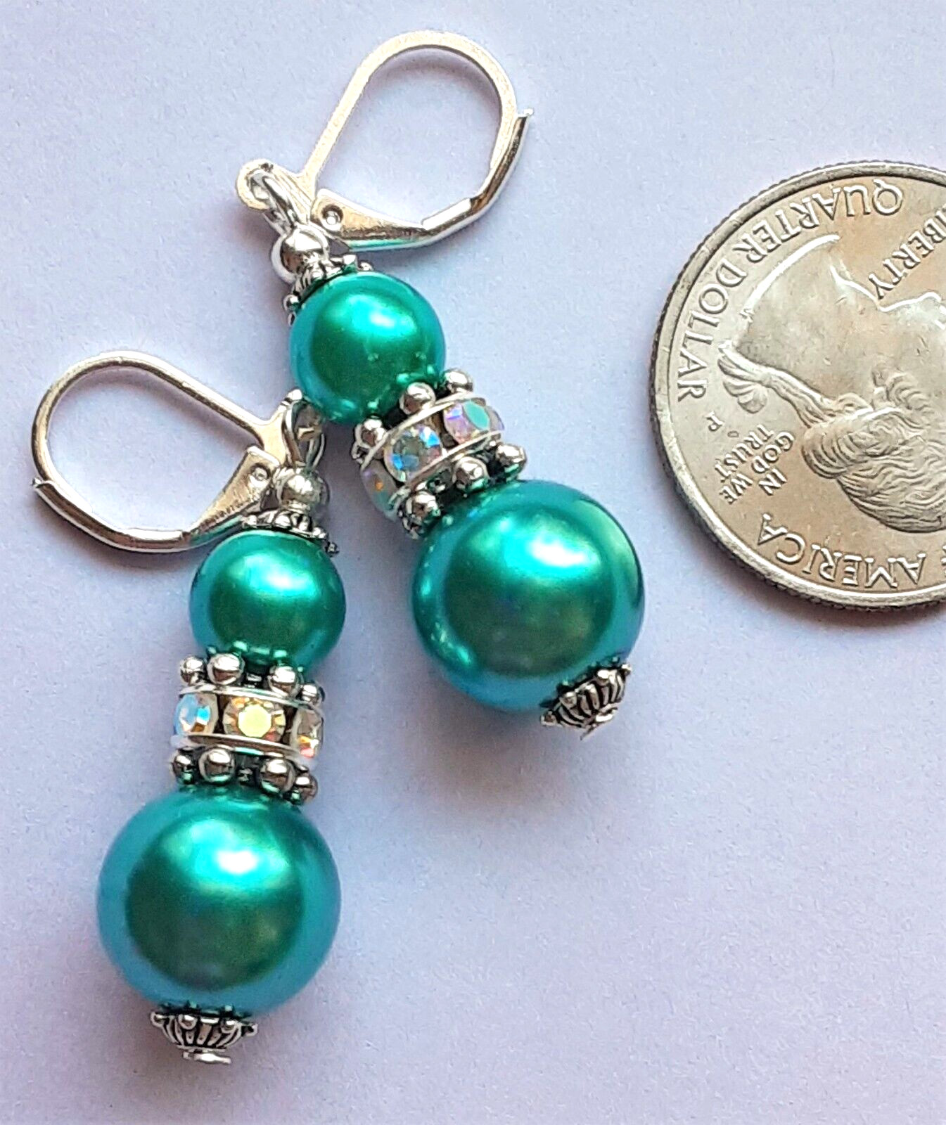 double AQUA GLASS PEARL AB Rhinestone earring SP Leverback handcrafted WPGL6