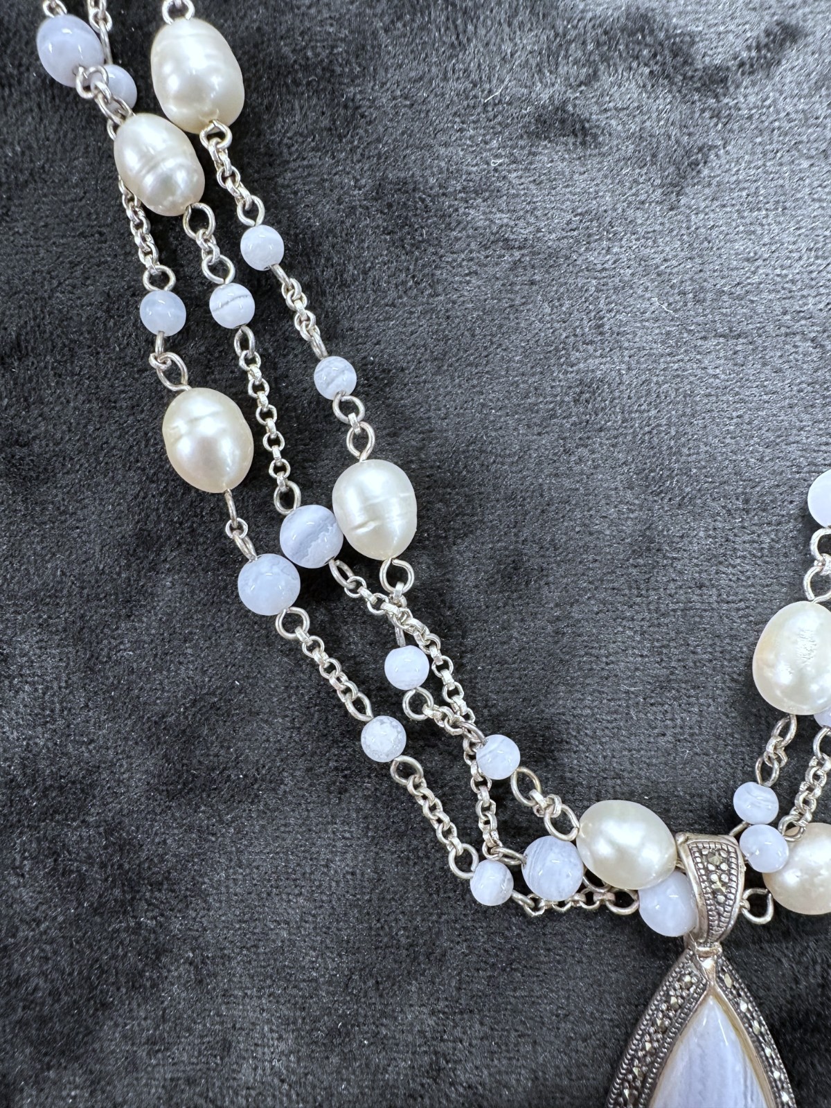 Marcasite 925 Sterling Silver Blue Lace Agate & Pearl 3 Strand Necklace 17″ 39g