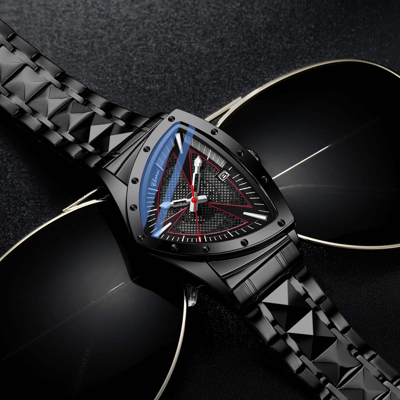 Mens Triabgle Stainless Steel Date Luminous Waterproof Wrist Watch Business Gift