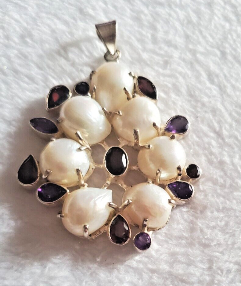 Freshwater Pearl Amethyst & Garnet 925 Sterling Silver Modernist Pendant