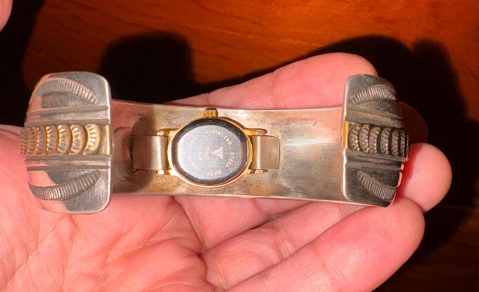 Navajo Carson Blackgoat Stamped Sterling Quartz Watch Bracelet