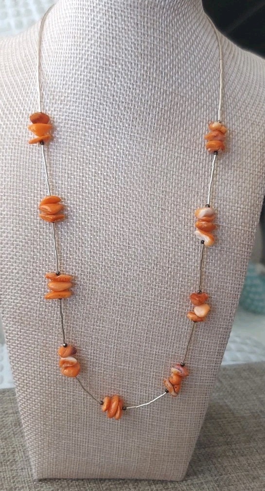 New Sterling Liquid Silver & Orange Spiny Oyster Necklace