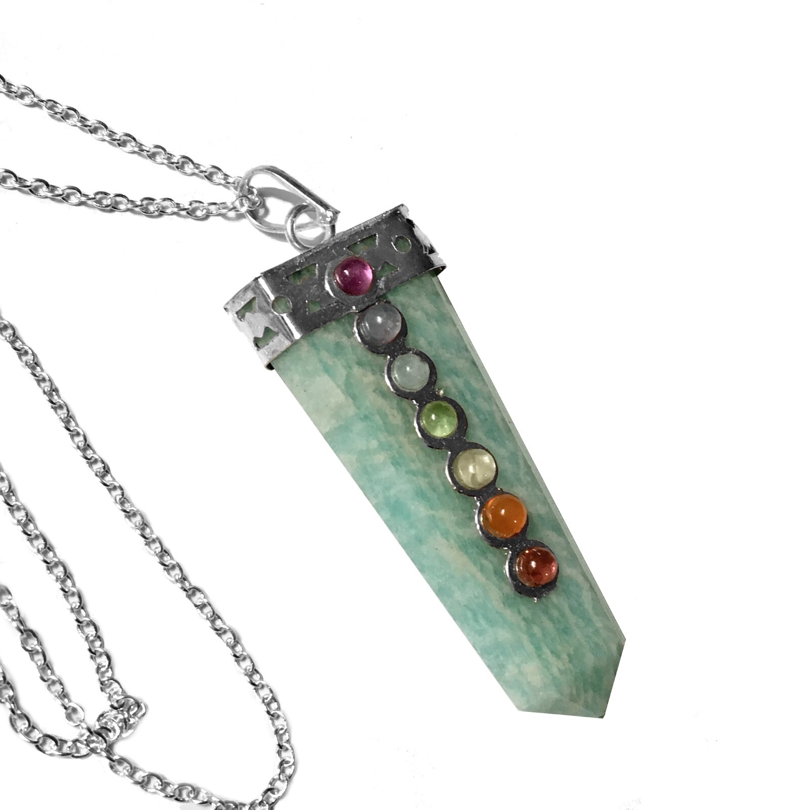 Amazonite Crystal Chakra Pendant LARGE Sterling Silver Point Necklace CHARGED