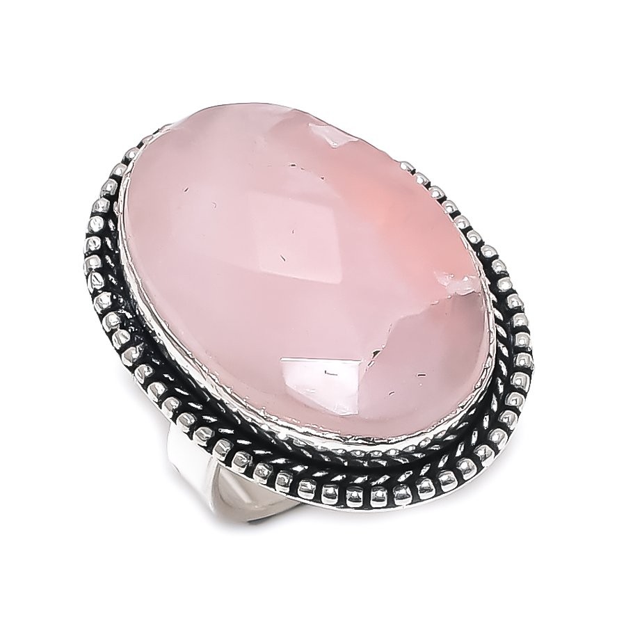 Rose Quartz Gemstone Handmade 925 Sterling Silver Jewelry Ring Size 8 y413