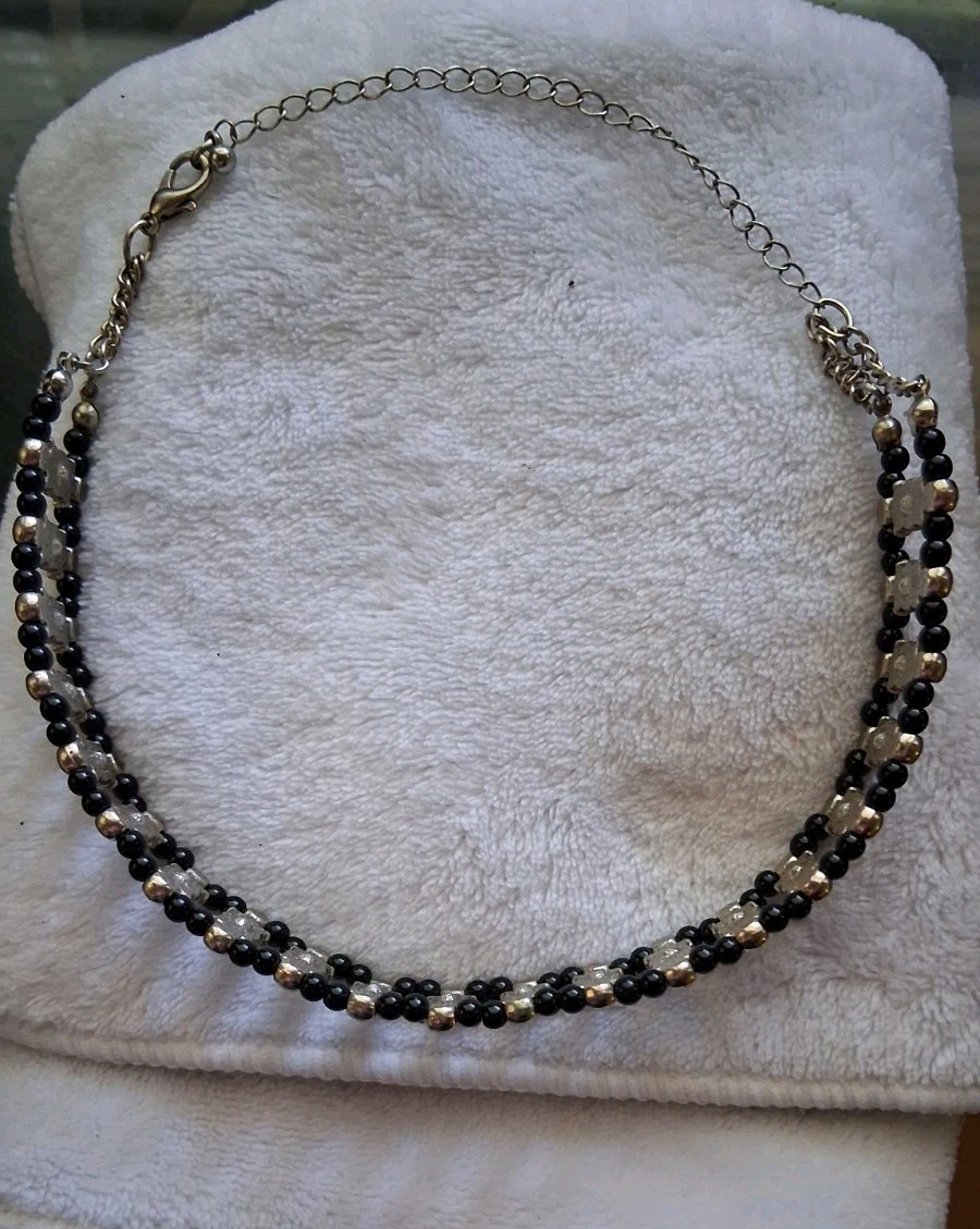 Vtg Gothic Black Beaded Panel Choker Necklace Silver Tone Victorian Rhinestone