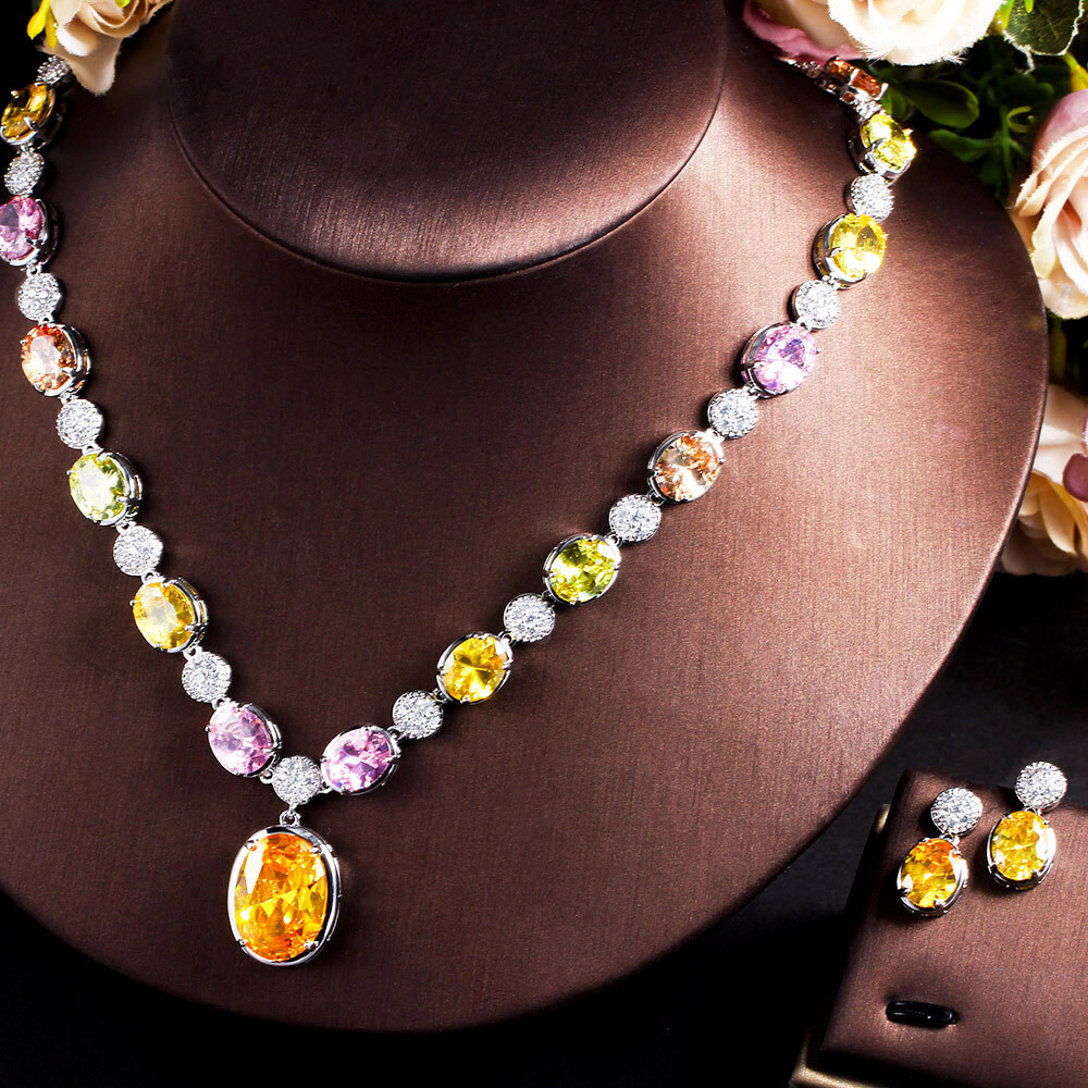 Multicolored Rainbow CZ Necklace Earring Bracelet Ring Set Silver Plated Jewelry