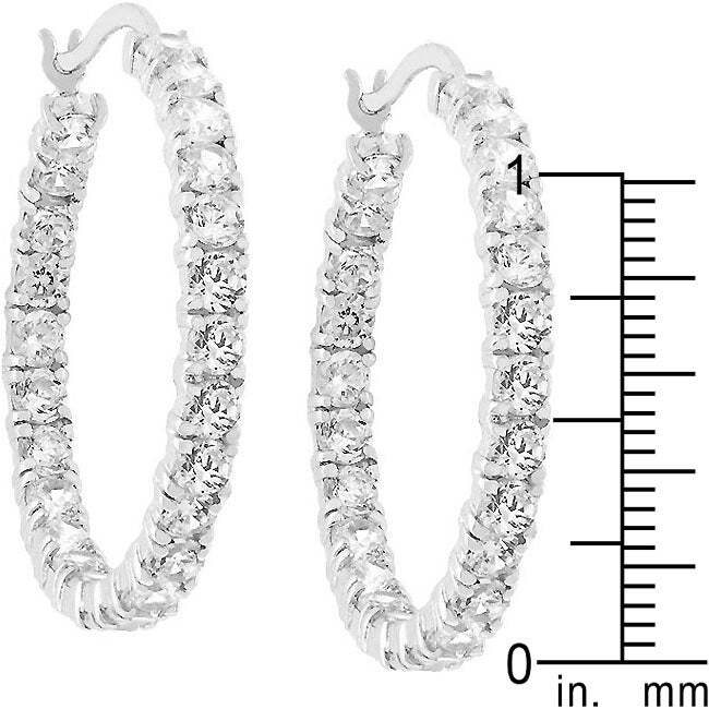 Silvertone Rhodium Plated Brass 33mm Round CZ Inside Out Ladies Hoop Earrings