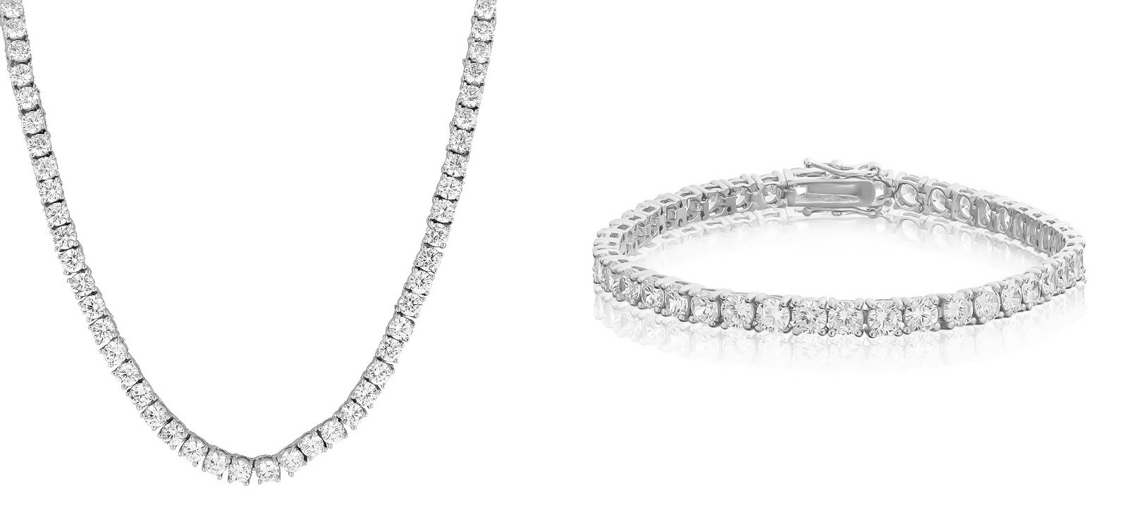 1 Row 18” Bling Tennis Necklace Silver Finish CZ 4mm Chain Bracelet 6.5” Set
