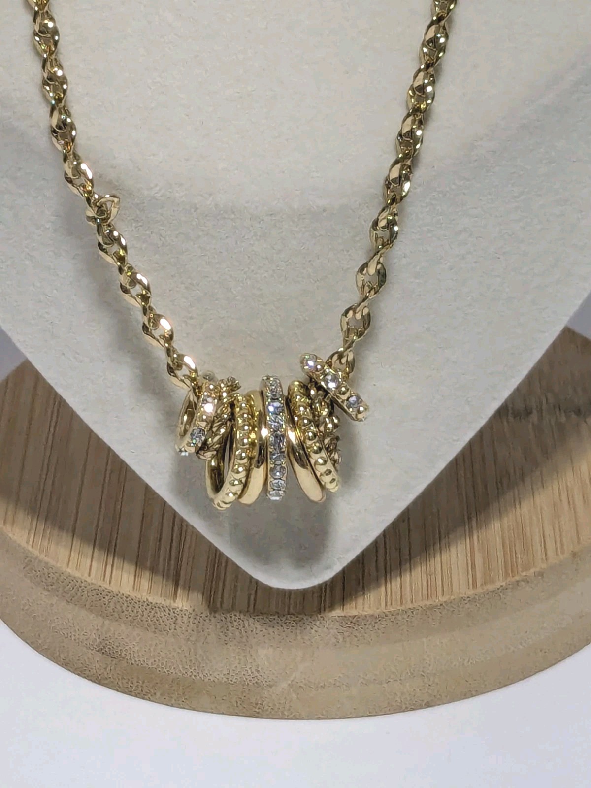 Charter Club Gold Tone Necklace With Textured & Pave Rhinestone Ring Charms 17″