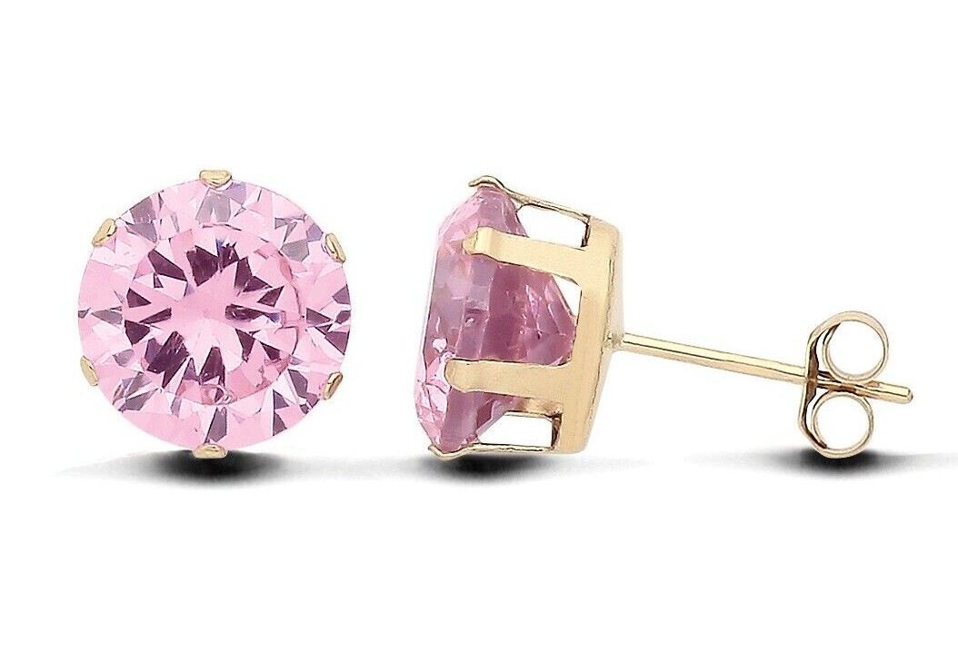 9ct Yellow Gold Pink Simulated 8mm Round Stud Earrings – UK Made – Gift Boxed