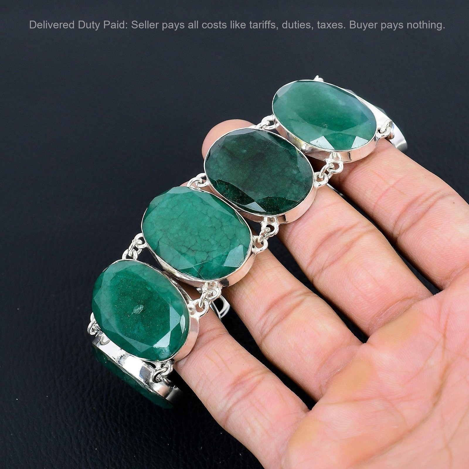 Natural Zambian Emrald Trendy New Chain Anniversary Bracelet 925 Sterling Silver