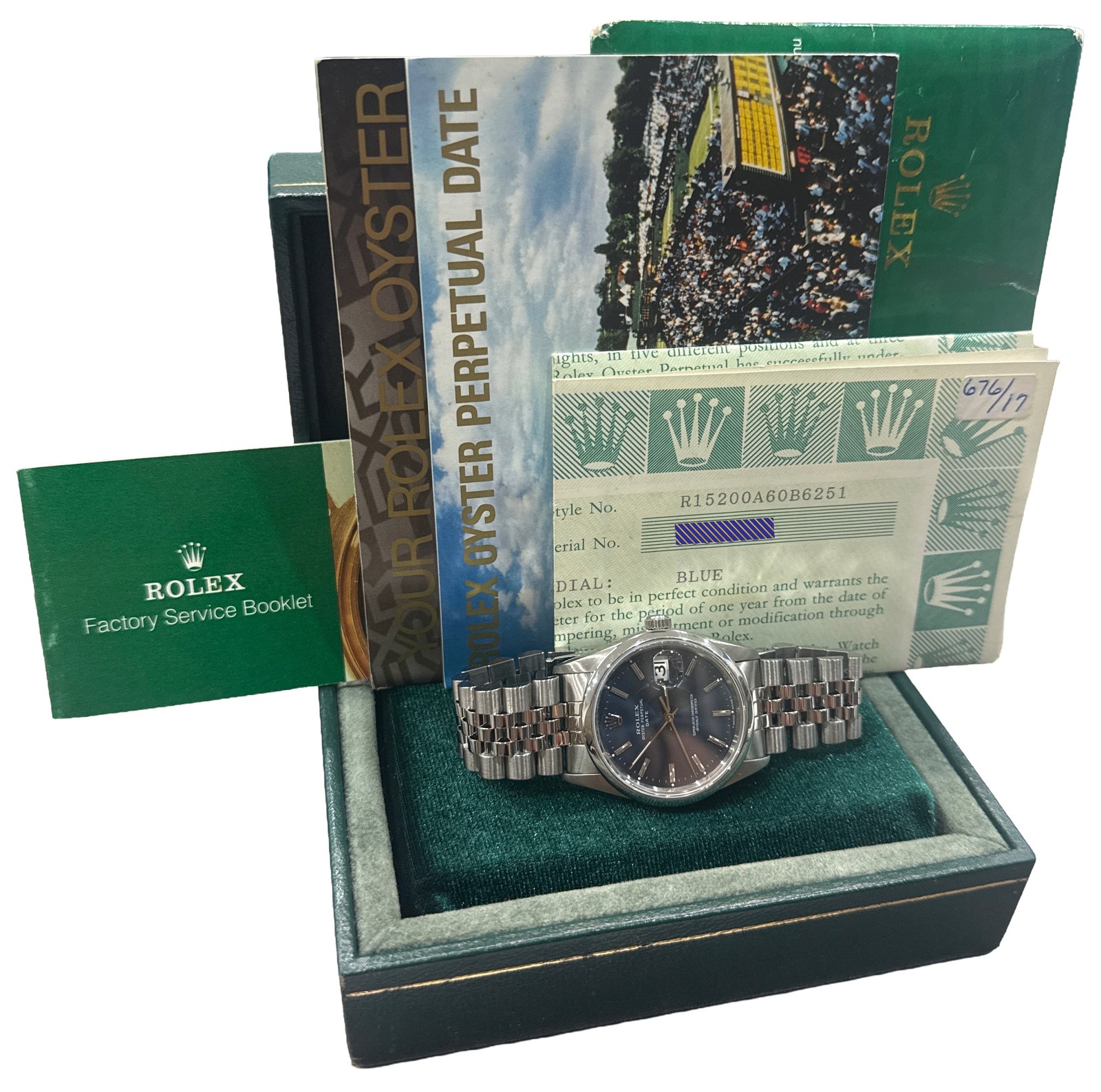 1995 PAPERS Rolex Oyster Perpetual Date 34mm BLUE Stainless JUBILEE 15200 BOX
