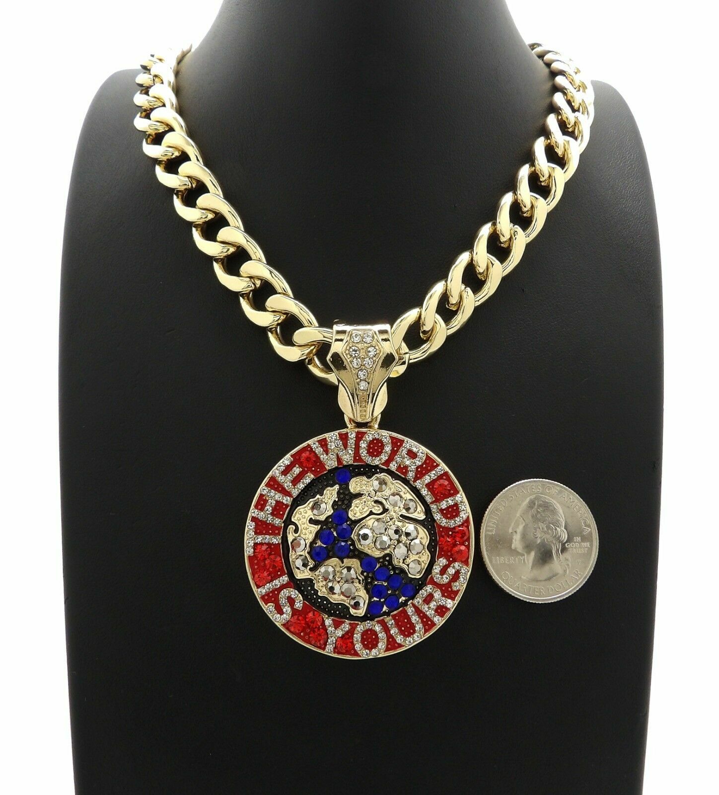 Hip Hop Iced Bling WORLD IS YOURS Pendant & 11mm 20″ Cuban Choker Chain Necklace