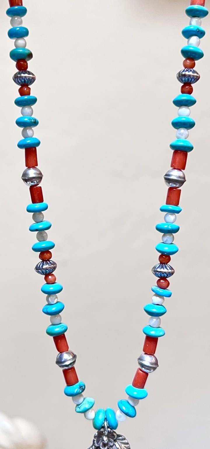 LOVELY Native, Navajo Signed Sterling Silver Turquoise, Coral, Etc Bird Necklace