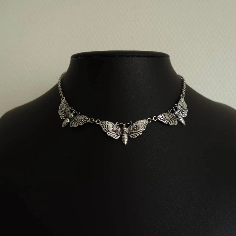 Punk Style Gold Metal Vintage Skeleton Moth Pendant Necklace Unisex Everyday