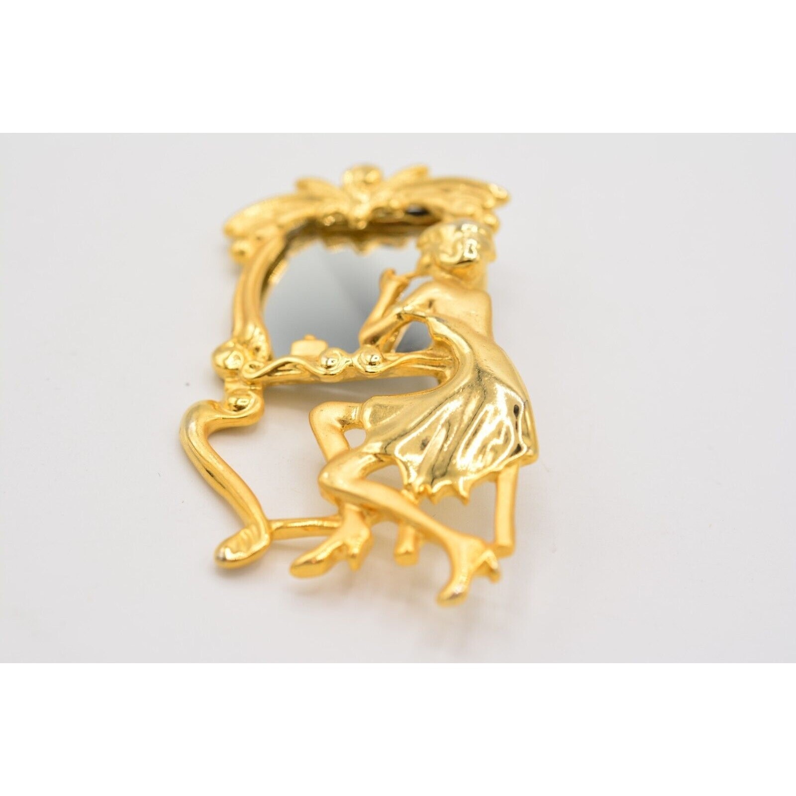 Vintage Vanity Mirror Pin Brooch Woman Beauty Brushed Gold Retro NOS 1980s BinA3