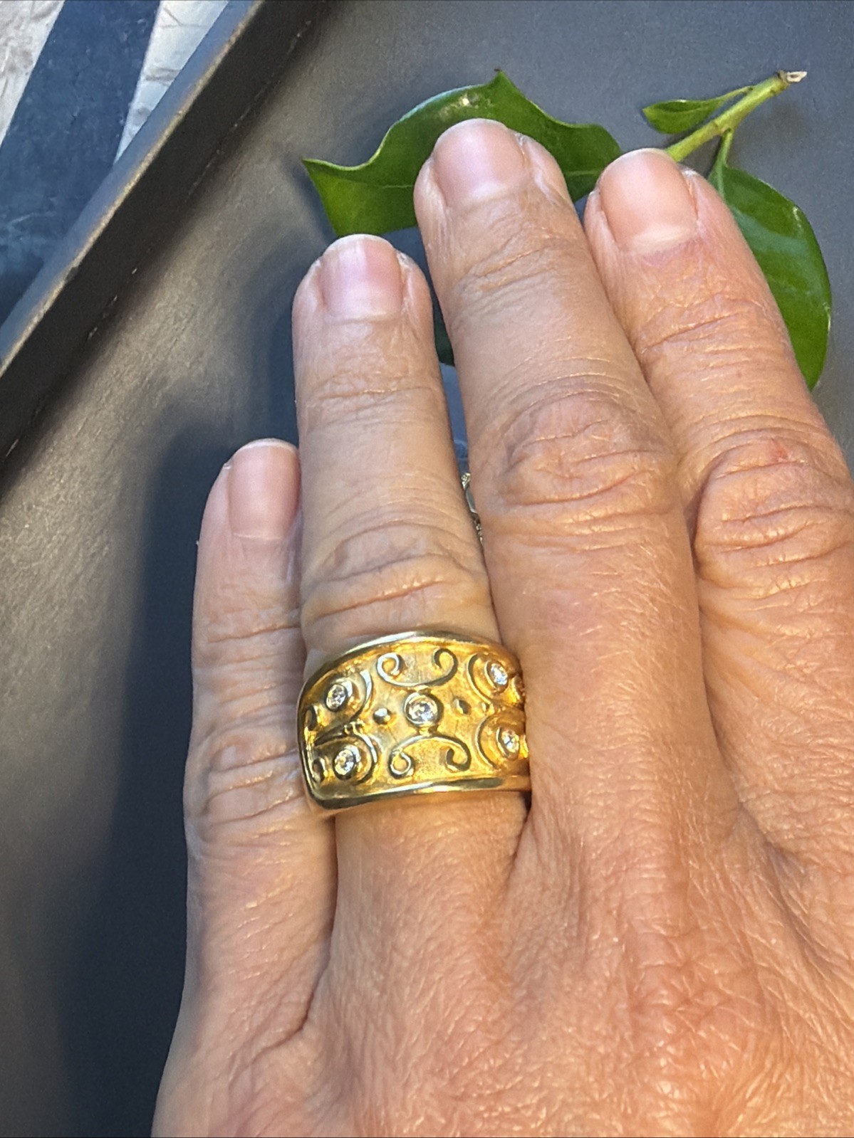 Vintage Gold Plated Wide Band Ring Sz 7 Scrolls Etruscan Revival Estate USA Made