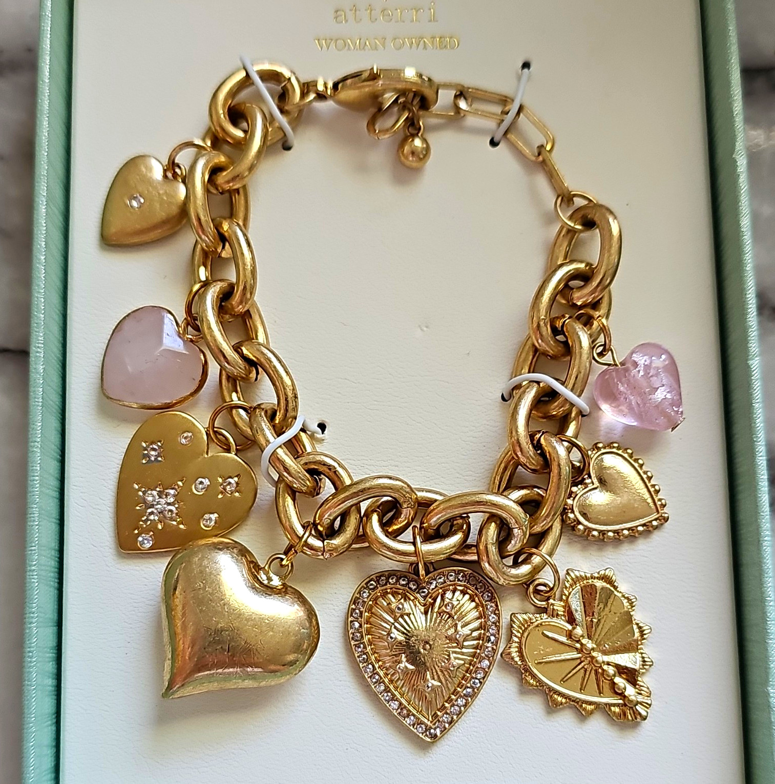Aterri Gold Tone Oval Link Charm Bracelet Heart Dangle CZ Clear Pink Signed 7″