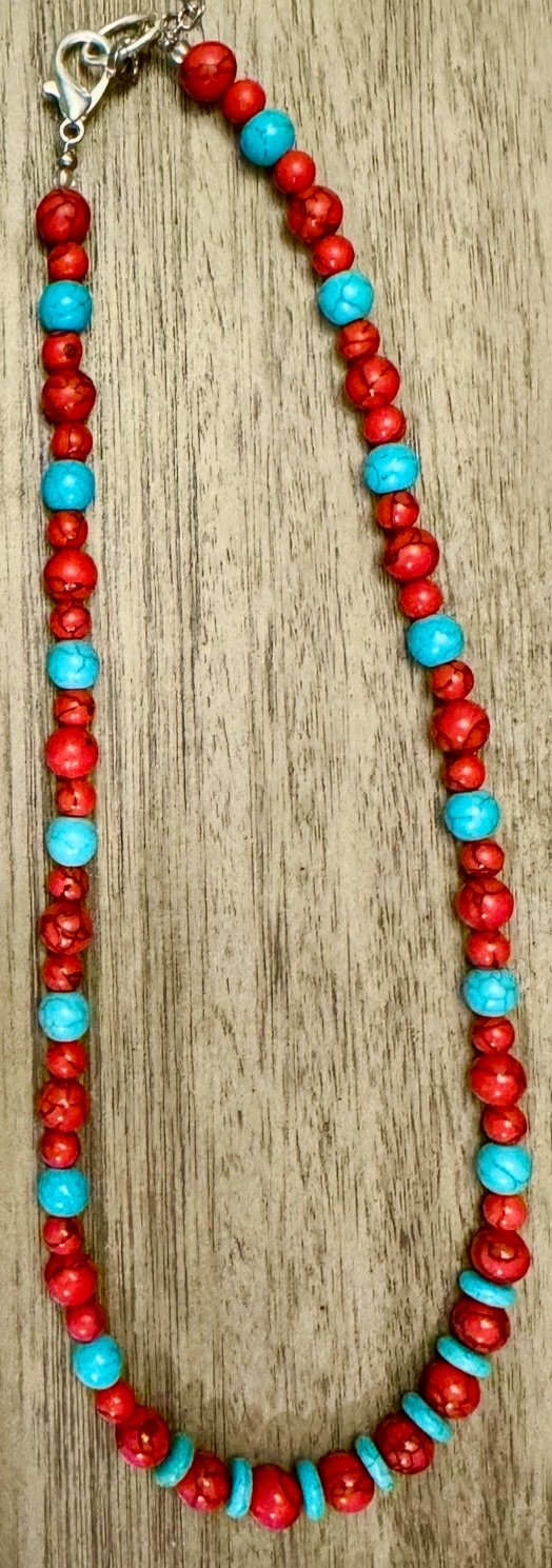 Handmade turquoise and red stone beaded necklace