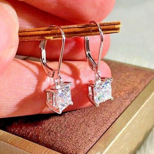 1.50Ct Princess Cut Simulated Diamond Dangle/Drop Earrings 14K White Gold Plated