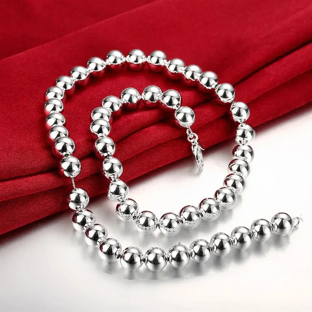 10MM Smooth Beads chain 925 Sterling Silver Necklaces for Women wedding Gift