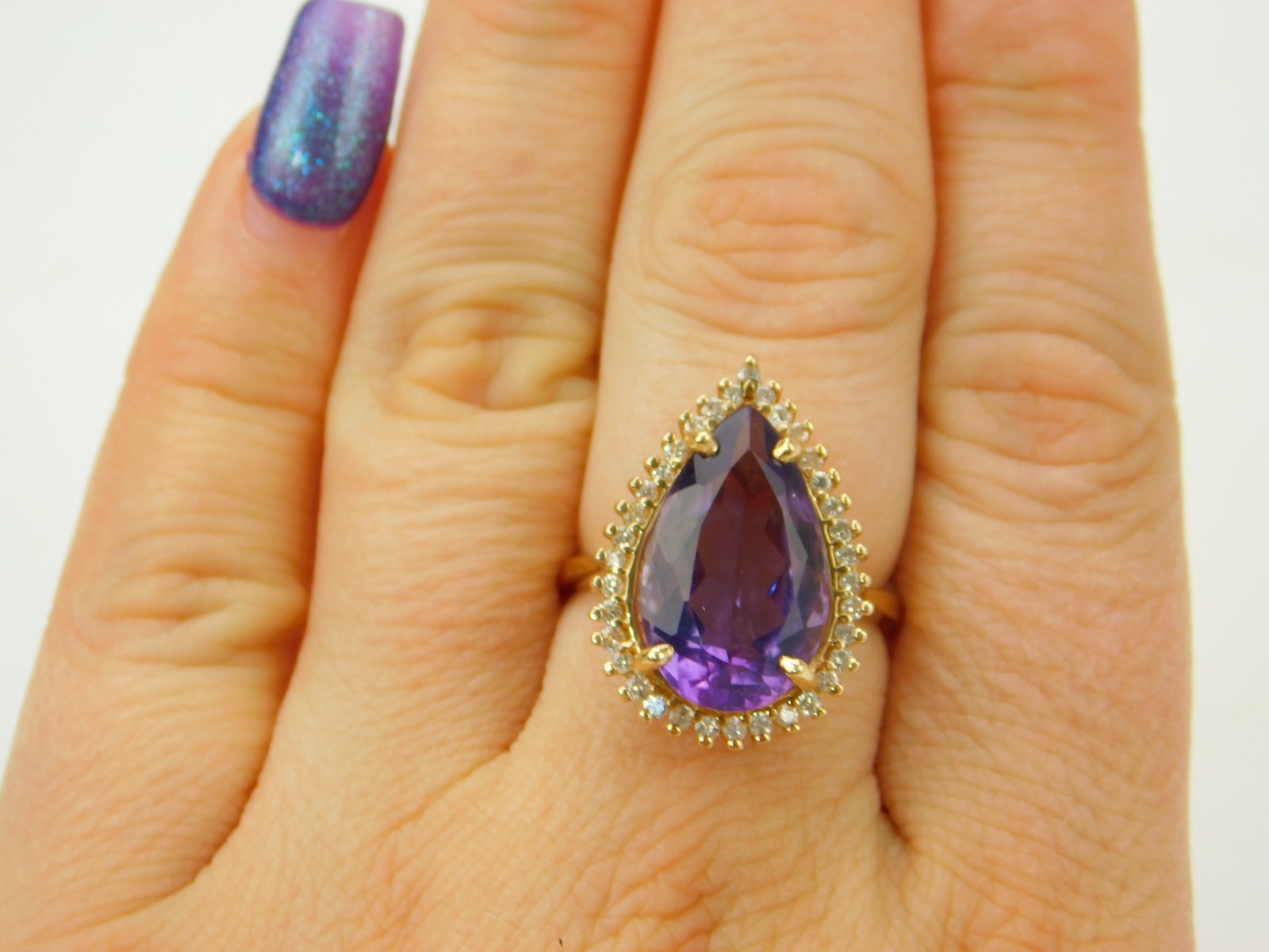 18×10.8mm Pear Cut Lab Created Amethyst Diamond Halo 14k Gold Sz 8 Cocktail Ring