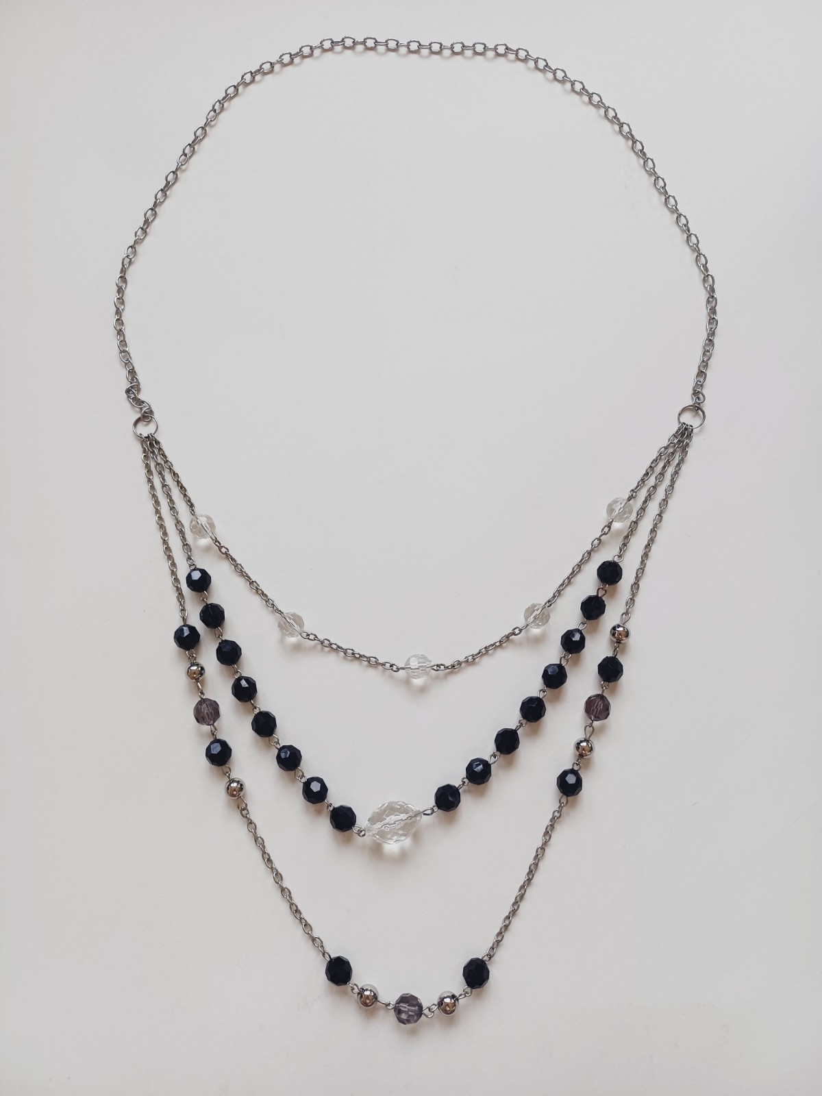 Black & Clear Faceted Station Bead Triple Layer Necklace