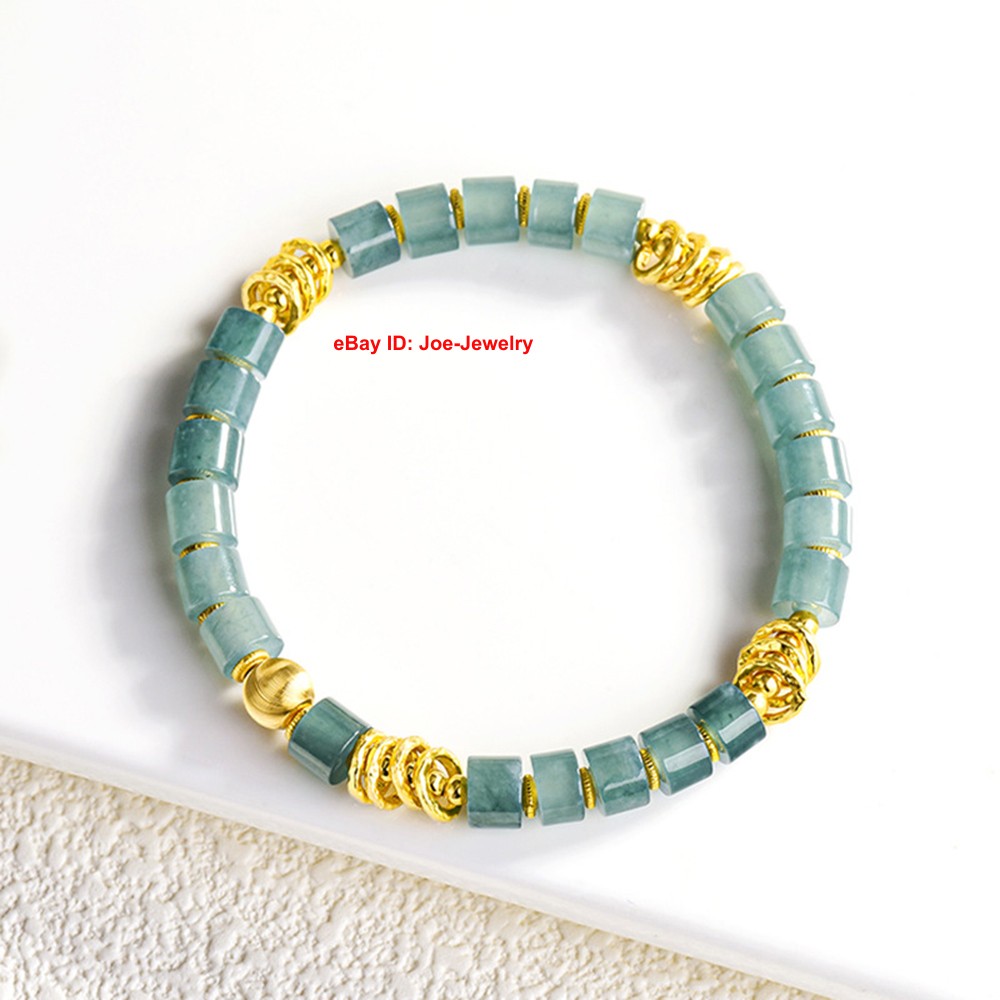 Grade A Natural Blue Jade Jadeite Tube Elastic Bracelet 925 Silver Women 14-16cm