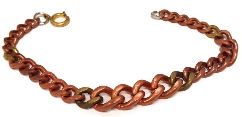 Vintage Copper Coated Steel & Brass Graduated Filed Curb Chain 8″ Bracelet M118