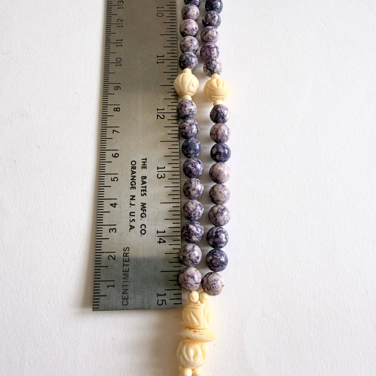 Vintage Fetish Carved Bone Purple Stone Lariat Necklace Butterfly Turtle Apple