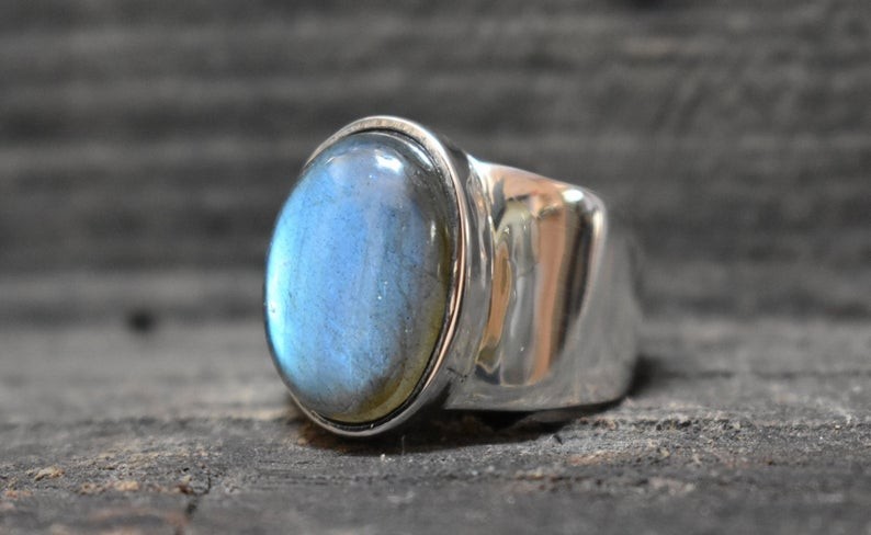 Solid 925 Sterling Silver Natural Blue Labradorite Oval Men’s Unisex Band Ring