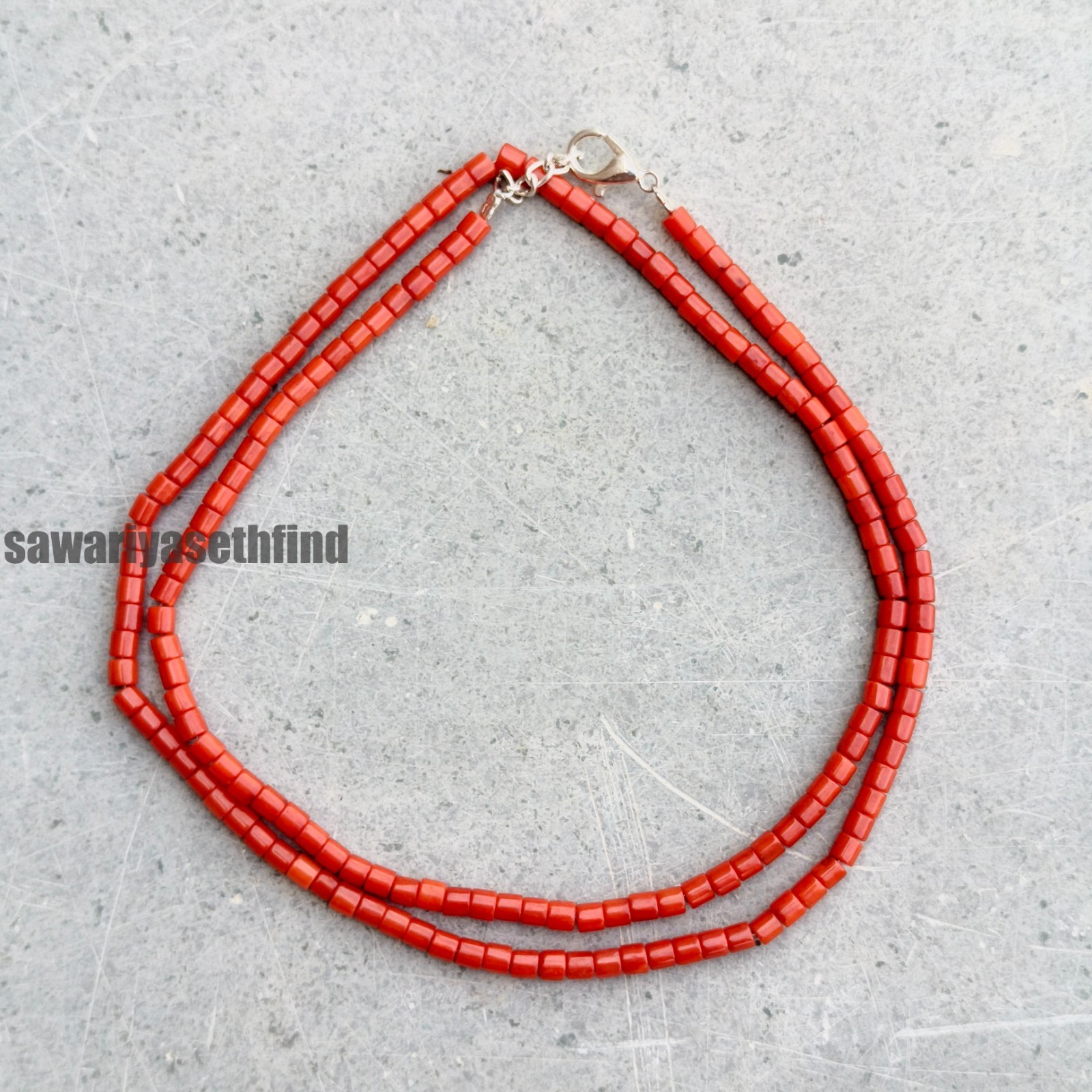 Red Coral 3mm Tube Beaded Necklace, Sterling Silver Clasp, Handmade Gemstone Je