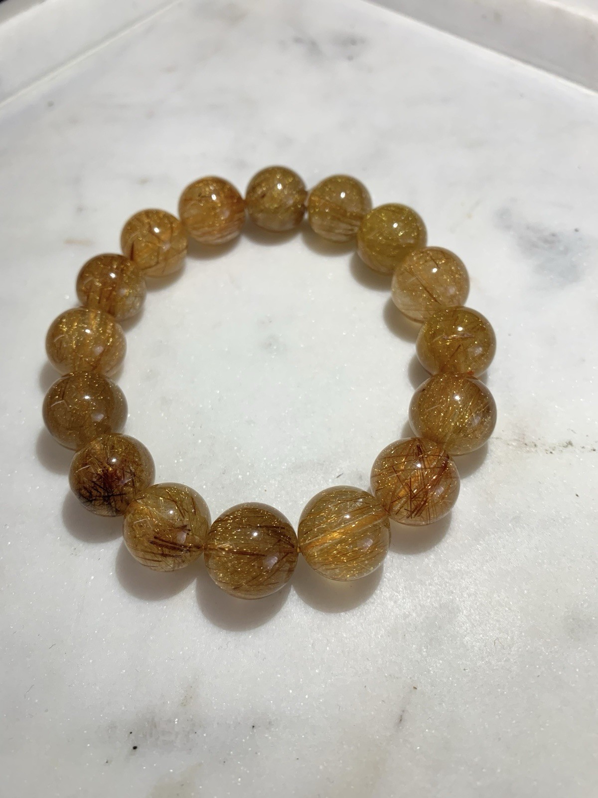 13.7mm Natural Golden Rutilated Quartz Bracelet Gold Rutile Crystal Beads
