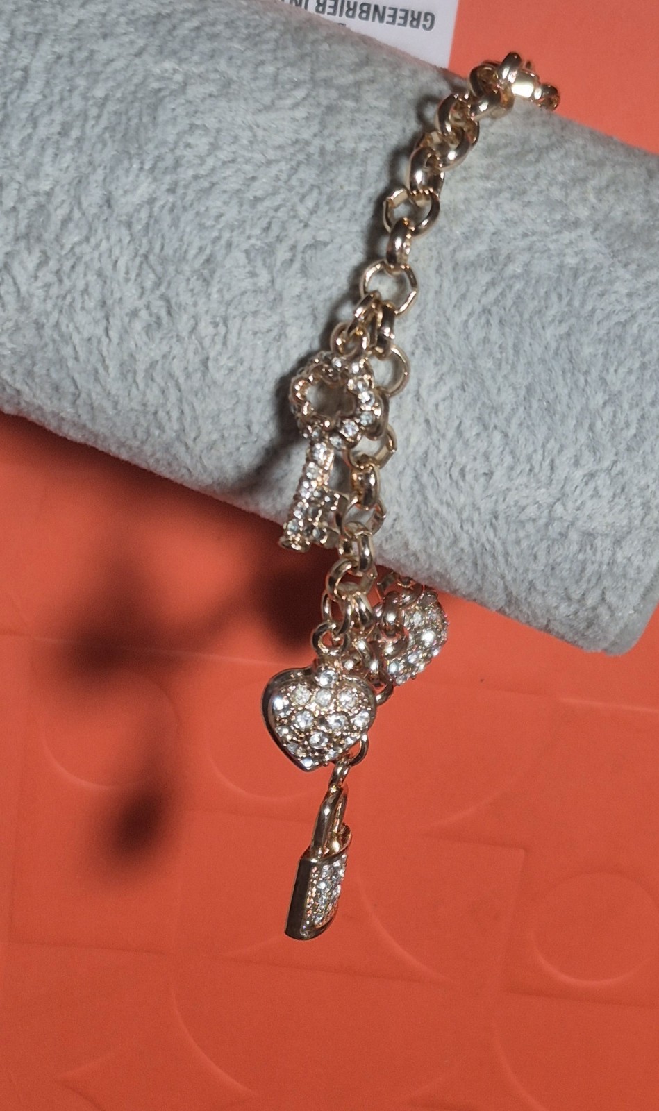 Fallon Jewelry Gold Tone Pave Rhinestone Lock Heart Key Charm Link Bracelet Vtg