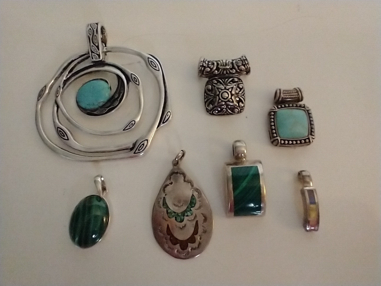 Vintage Jewelry Slides & Pendants 7 Pieces, 3 Marked 925, 2 Malachite (?)