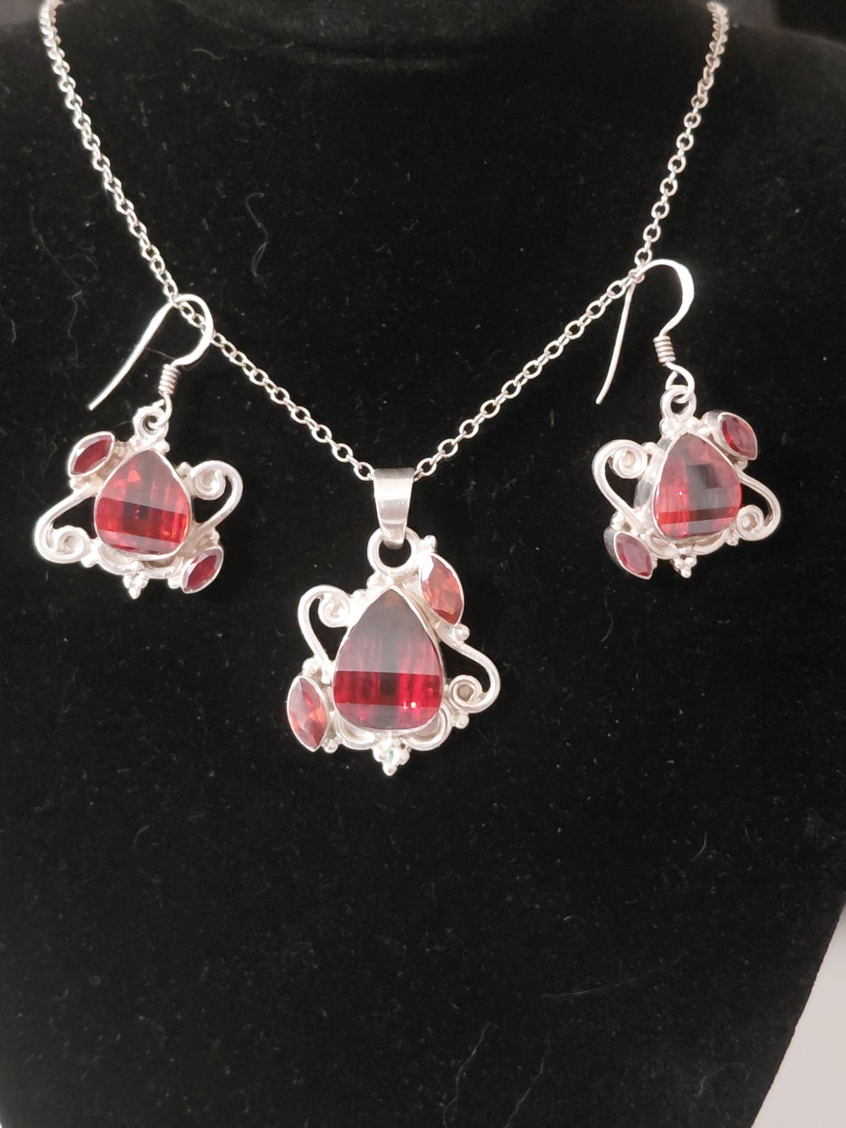 Hessonite Garnet Necklace And Earrings Artisan Set: Sterling Silver 925 W/ 19g